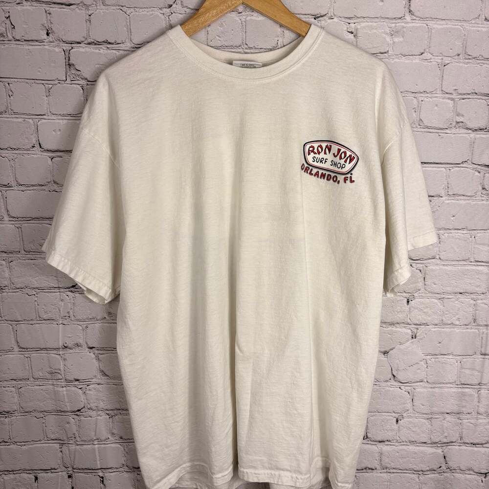 Ron Jon cream T shirt with design on back #ronjon